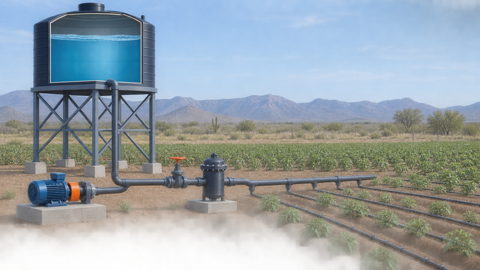 Sistema agrícola con depósito, conducción y cultivo para introducir la hidrostática